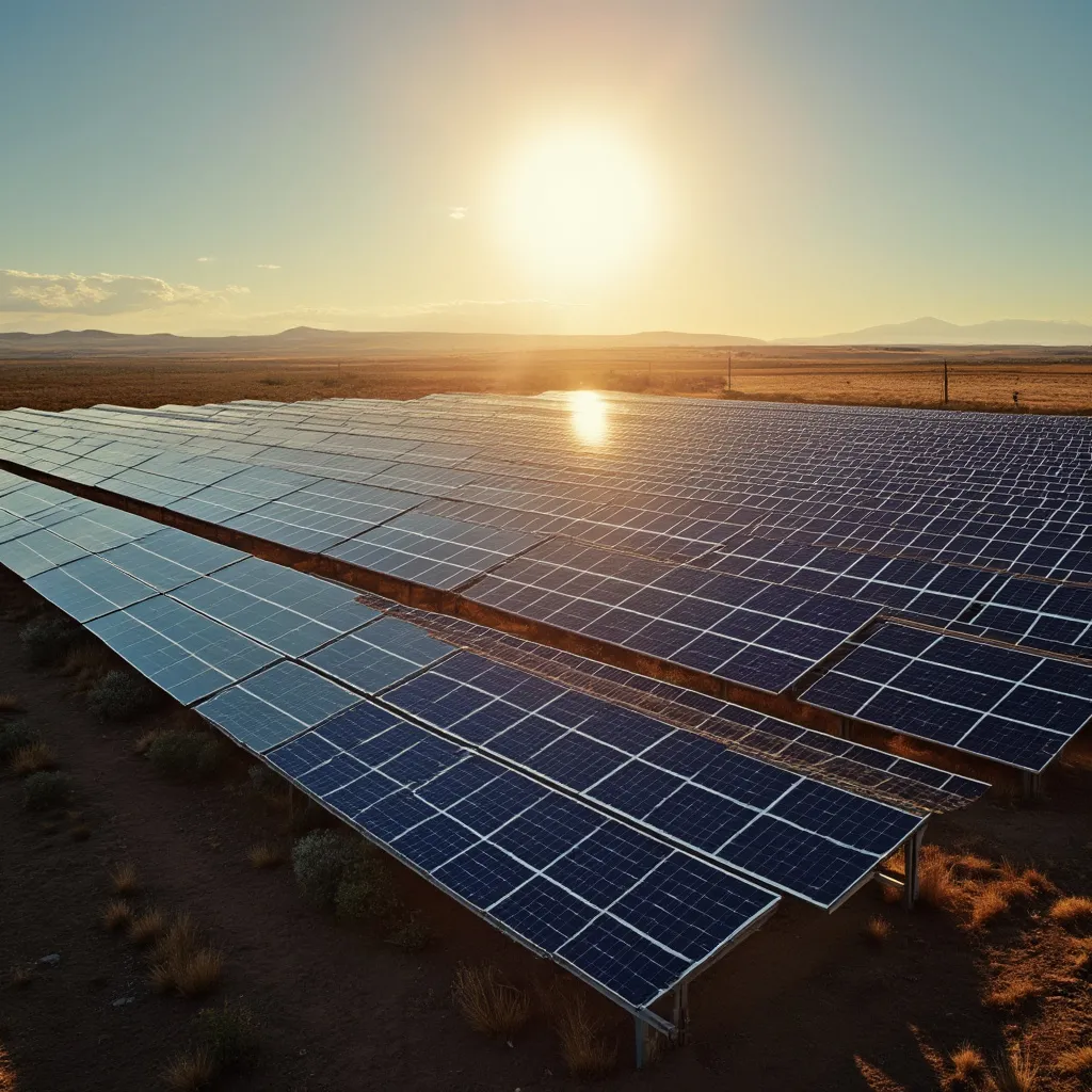 Vista aérea de un campo de paneles solares en una región soleada de Argentina